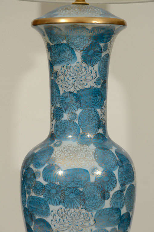 American Pair of Blue Chrysanthemum Porcelain Lamps by Marbro