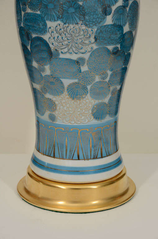 Mid-20th Century Pair of Blue Chrysanthemum Porcelain Lamps by Marbro