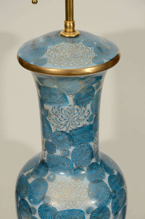Pair of Blue Chrysanthemum Porcelain Lamps by Marbro 3
