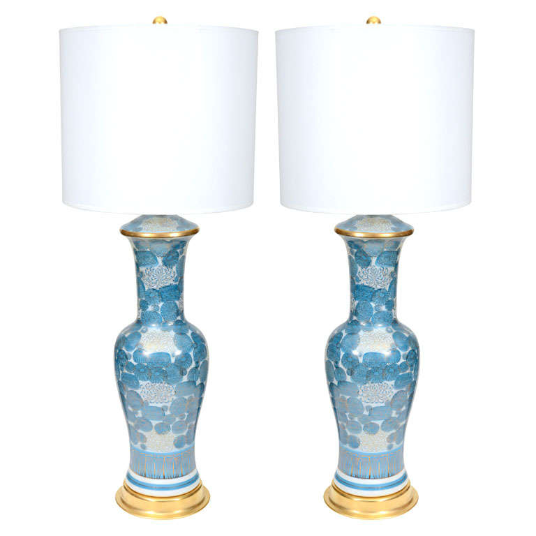 Pair of Blue Chrysanthemum Porcelain Lamps by Marbro