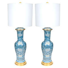 Pair of Blue Chrysanthemum Porcelain Lamps by Marbro
