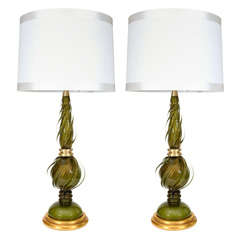 Pair of Seguso Kelly Green Glass Lamps