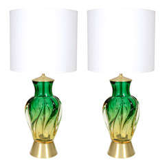 Pair of Seguso Green and Citron Glass Lamps