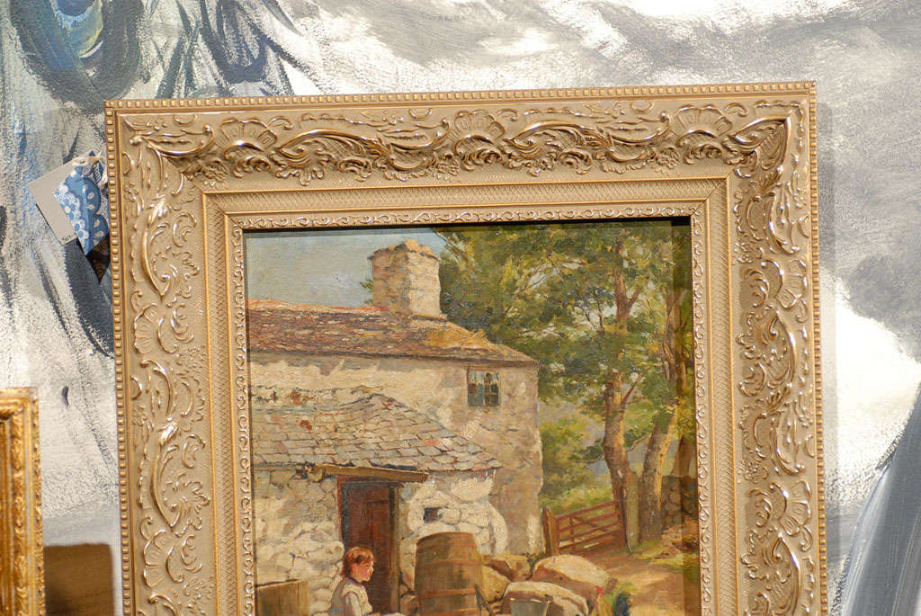 English Painting of Girl Feeding Hens by J.N. Barlow R.B.A (1861-1917)
