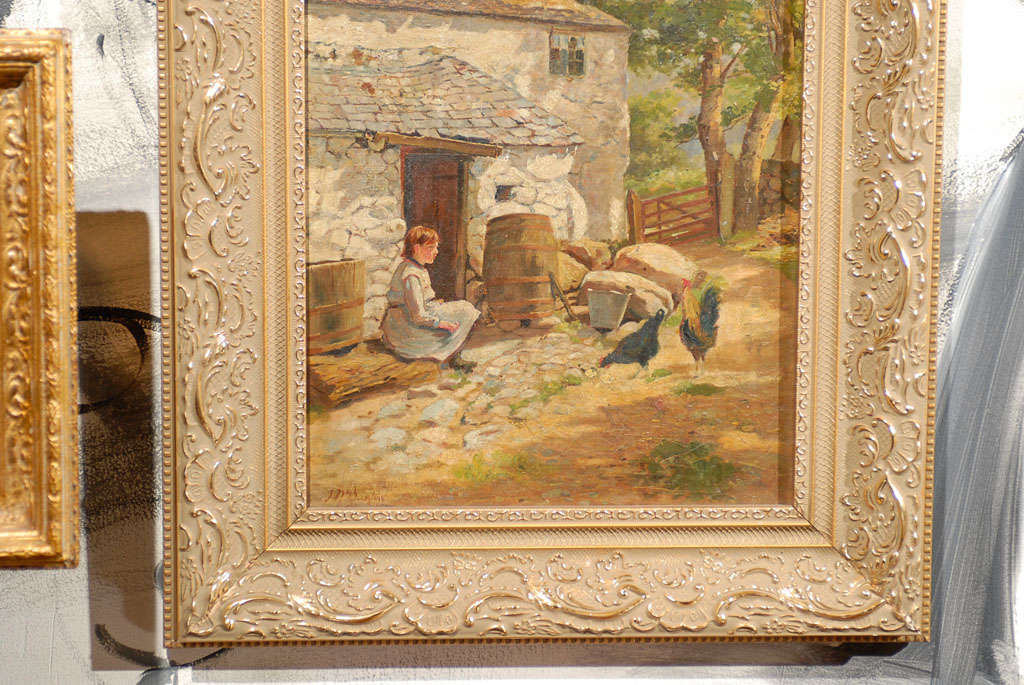 19th Century Painting of Girl Feeding Hens by J.N. Barlow R.B.A (1861-1917)