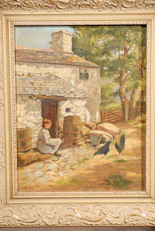 Canvas Painting of Girl Feeding Hens by J.N. Barlow R.B.A (1861-1917)