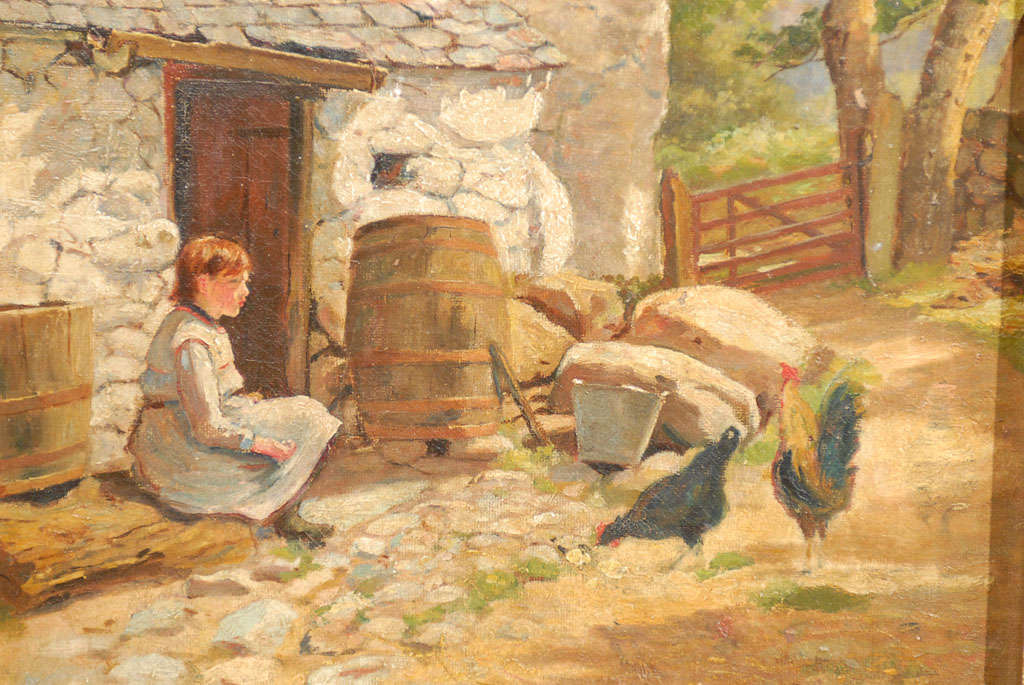 Painting of Girl Feeding Hens by J.N. Barlow R.B.A (1861-1917) 1