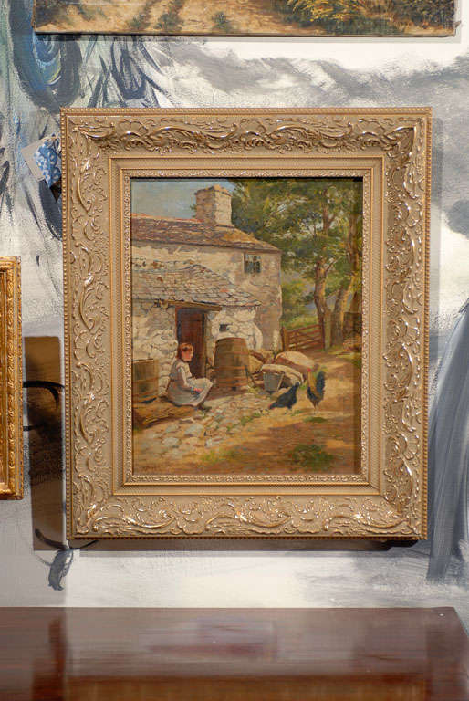 Oil on canvas by John Noble Barlow.  Painting depicts a girl feeding hens in front of a farmhouse.  Framed in a gilt frame and signed in the lower left corner.<br />
<br />
John Barlow was born in Manchester, England in 1861. He enrolled at the