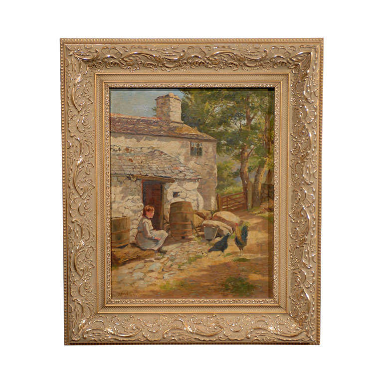 Painting of Girl Feeding Hens by J.N. Barlow R.B.A (1861-1917)