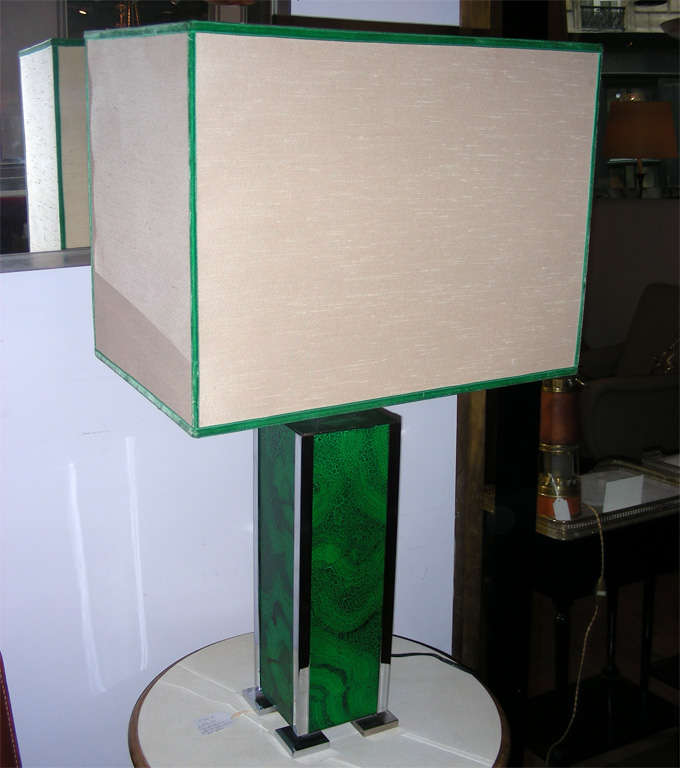 Two 1960s lamps in brass and wood imitating malachite, with two lights. Original shades are stained and worn.