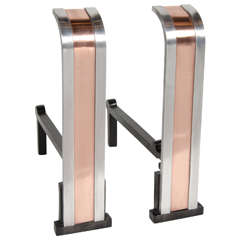 Stunning Pair of Art Deco Andirons by Donald Deskey in Banded Copper