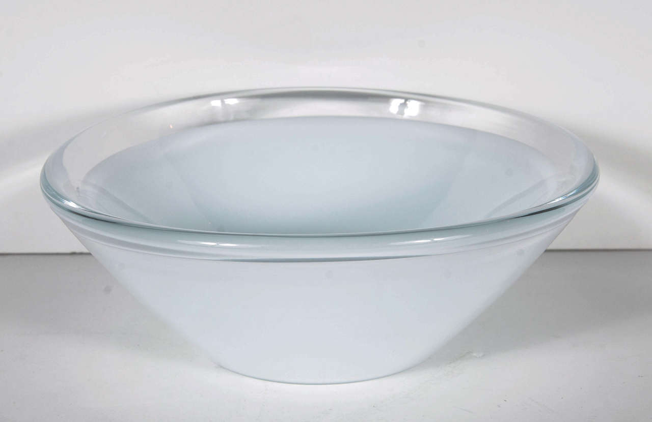 This gorgeous bowl features a clear concentric ring of hand blown murano glass with a white Murano glass interior. It Bears the signature of Salviati for Tiffany & Co.