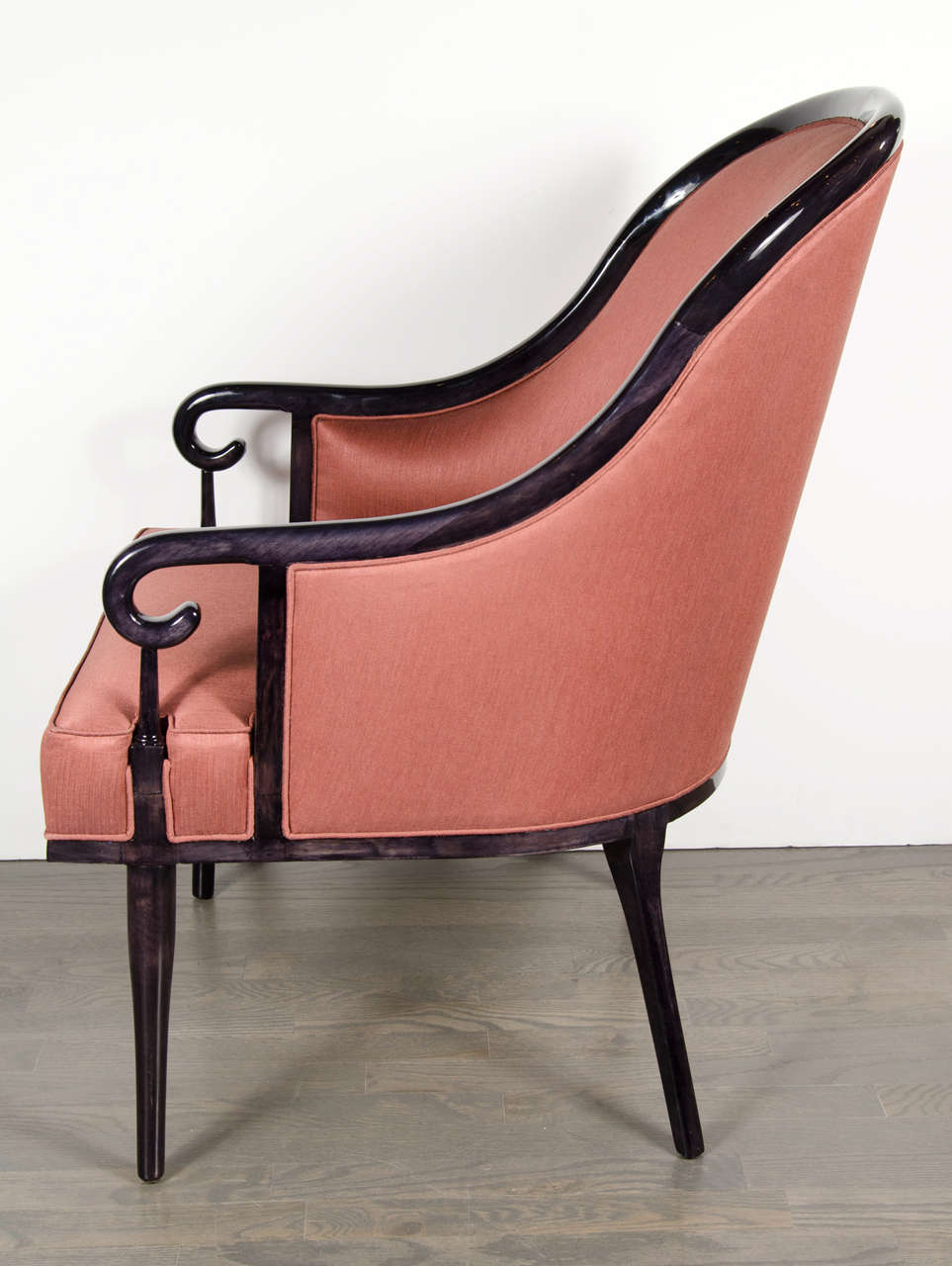 Mid-Century Modern Ultra Chic Pair of Mid-Century Scroll Arm Chairs with Spoon Back design