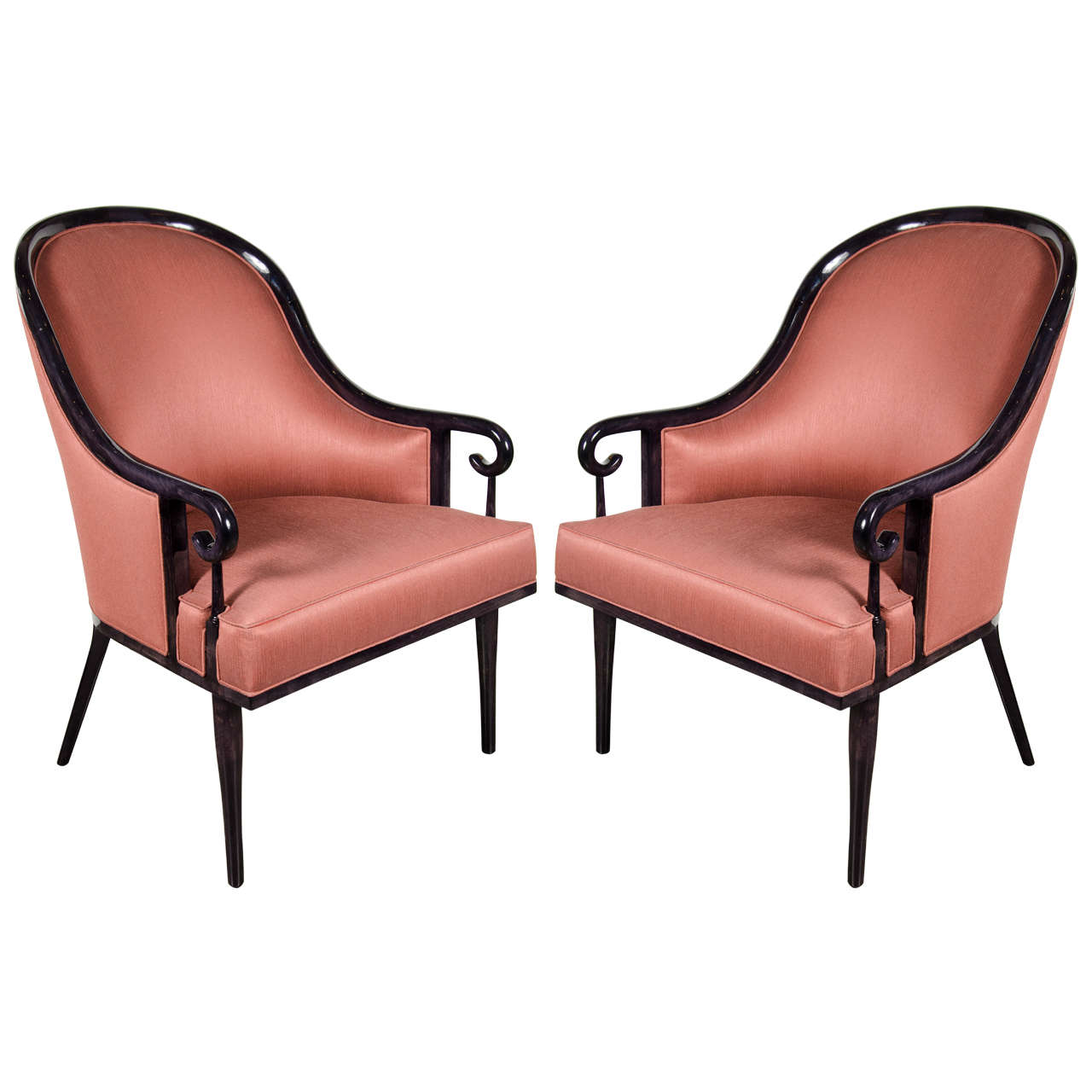 Ultra Chic Pair of Mid-Century Scroll Arm Chairs with Spoon Back design