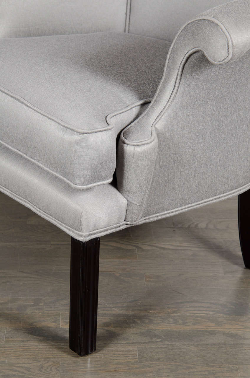 American  Pair of Hollywood Scroll Form Arm Chairs in Platinum Sharkskin