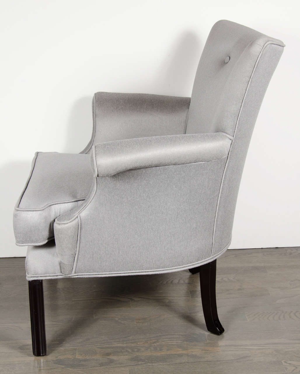 Ebonized  Pair of Hollywood Scroll Form Arm Chairs in Platinum Sharkskin