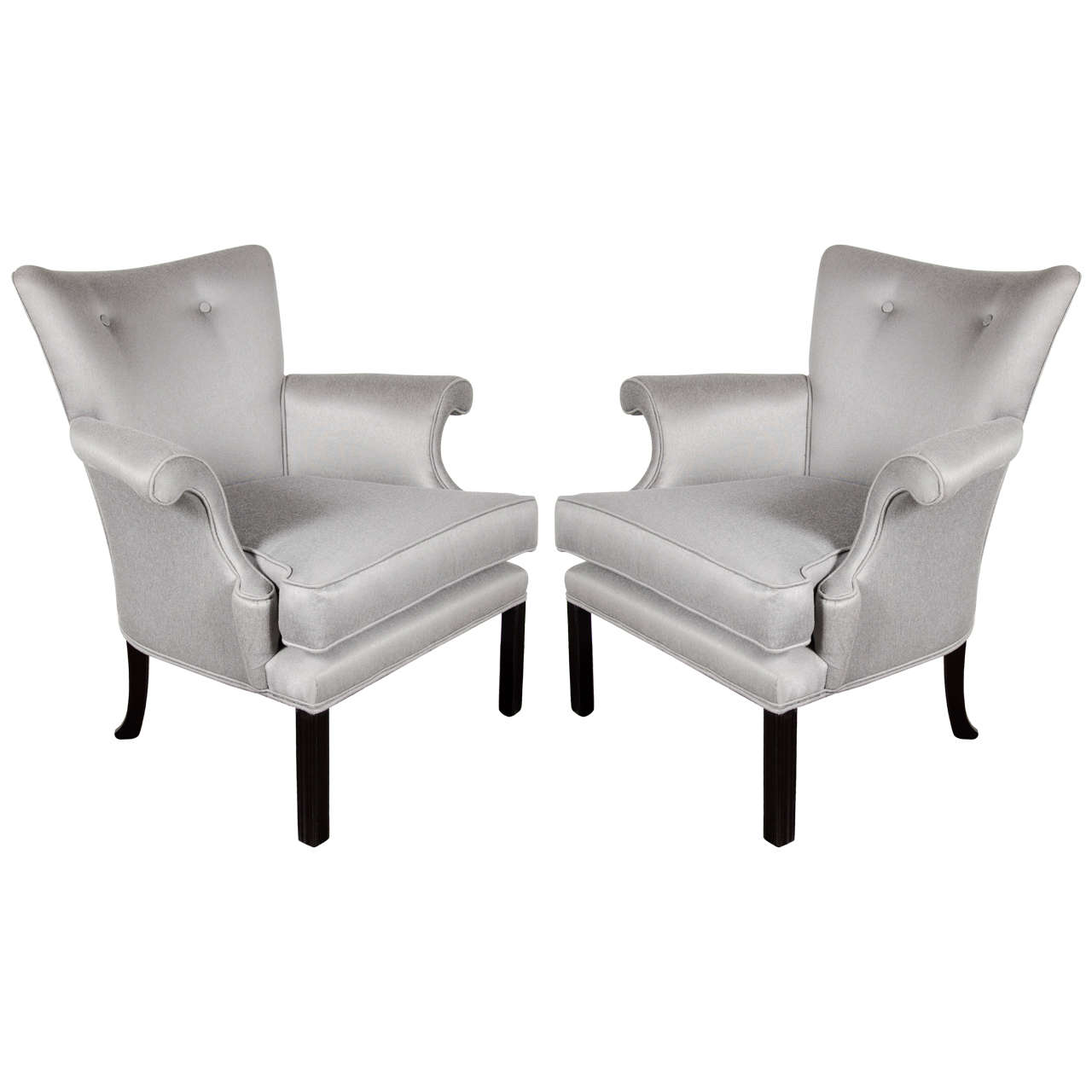  Pair of Hollywood Scroll Form Arm Chairs in Platinum Sharkskin