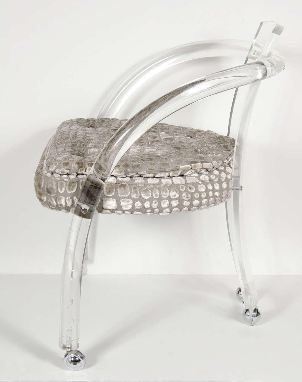 American Modernist Curved Lucite & Crocodile Gauffrage Velvet Chair