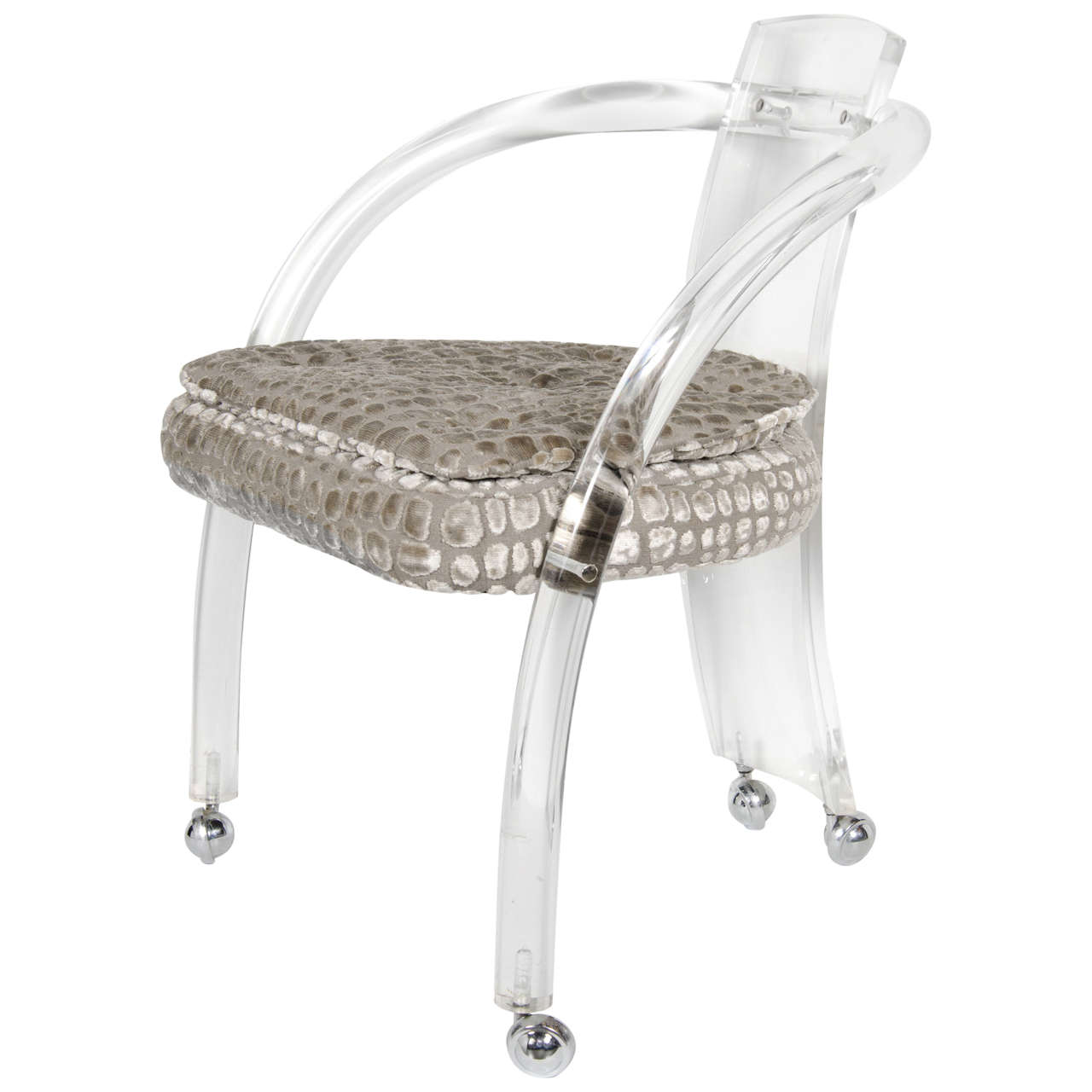 Modernist Curved Lucite & Crocodile Gauffrage Velvet Chair