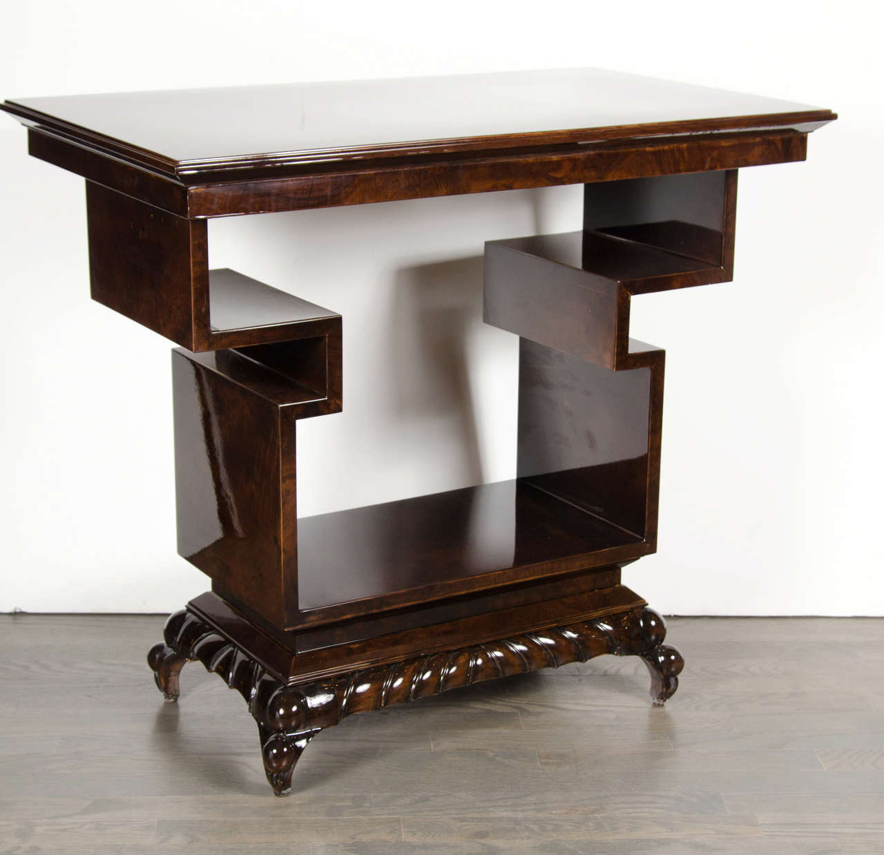 Skyscraper Style Art Deco Occasional Table with Hand Carved Reptilian Style Base