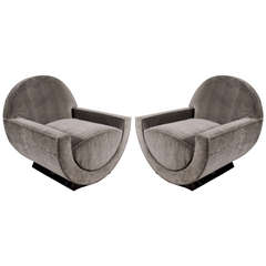 Vintage Pair of Lux Art Deco Club Chairs in Smoked Grey Velvet