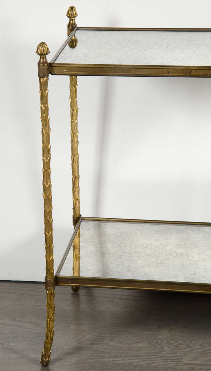 Mid-Century Modern Elegant Bagues Gilt Bronze and Antique Mirror Two-Tiered Table