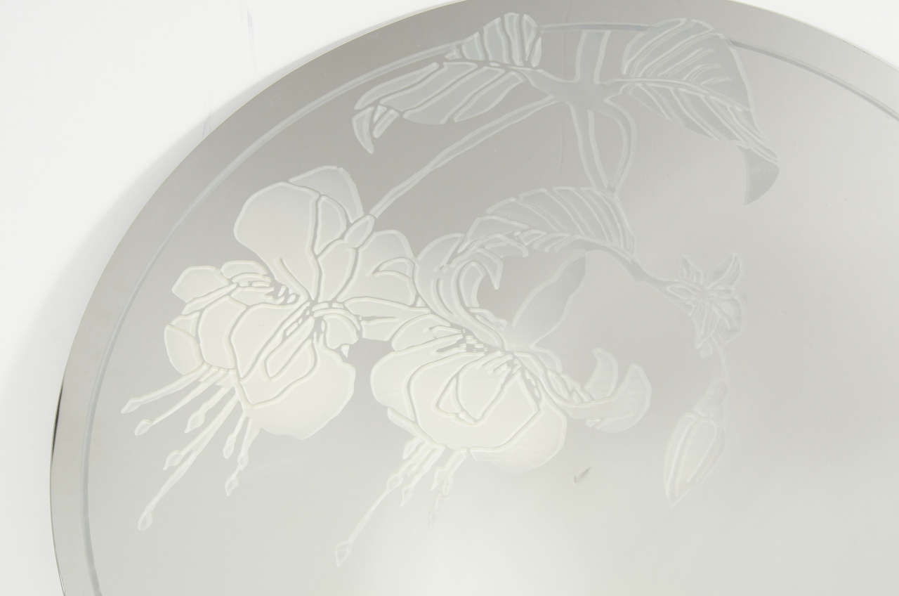 Mid-Century Modern  Stately Frameless Circular Mirror with Floral Motif