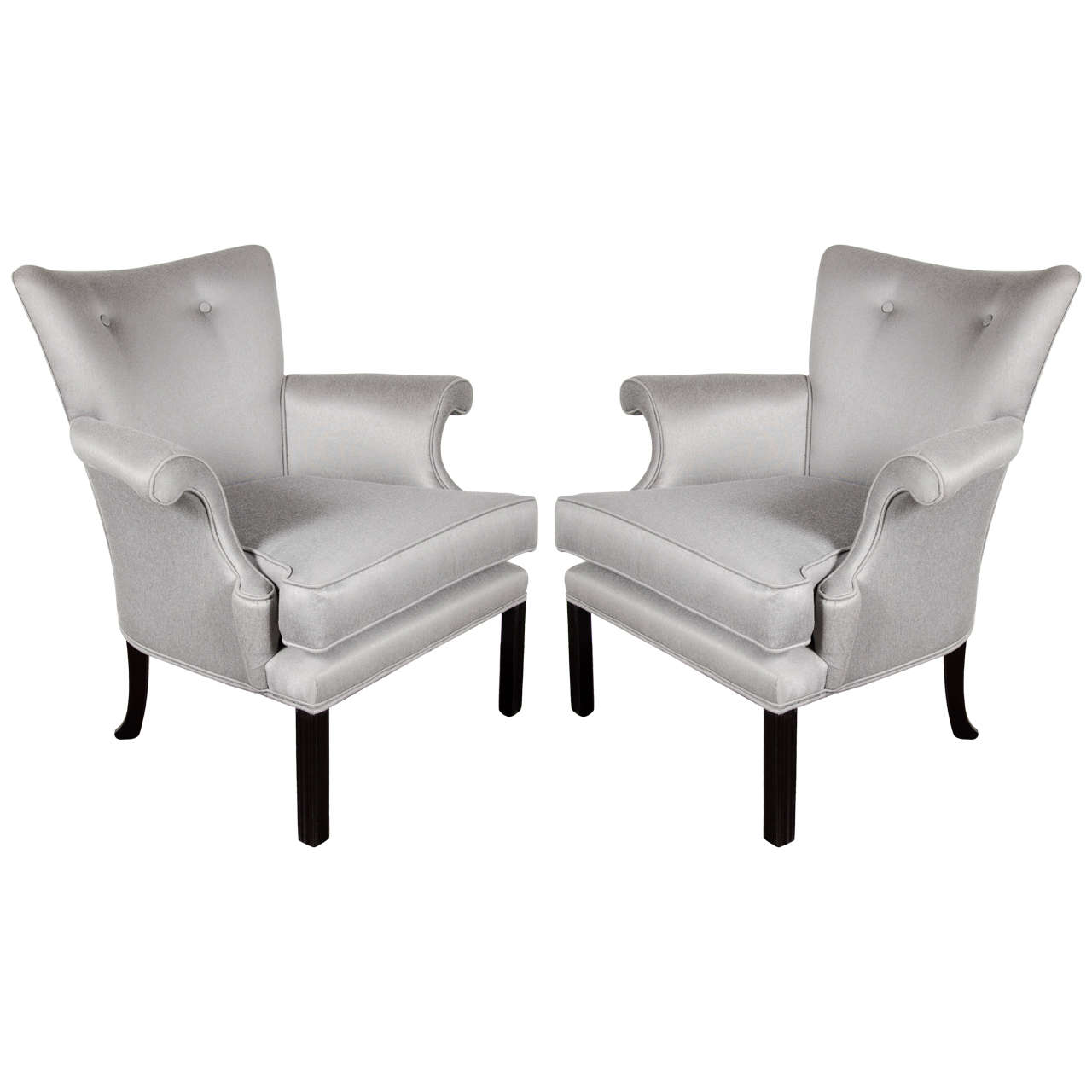 Glamourous Pair of Hollywood Scrolled Arm Chairs with Button Back