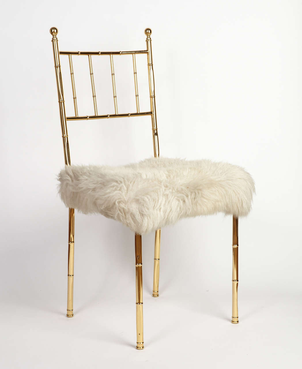 1970's Set Of 4 Faux-Bamboo Brass And Sheepskin Coat Chairs,