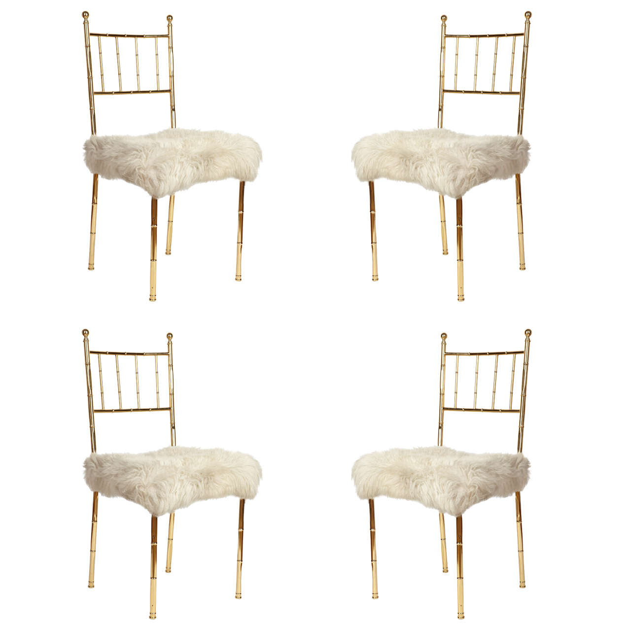 1970's Set Of 4 Brass And Sheepskin Coat Chairs
