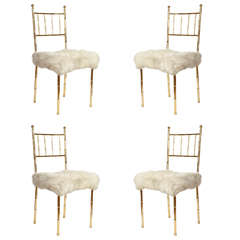 1970's Set Of 4 Brass And Sheepskin Coat Chairs