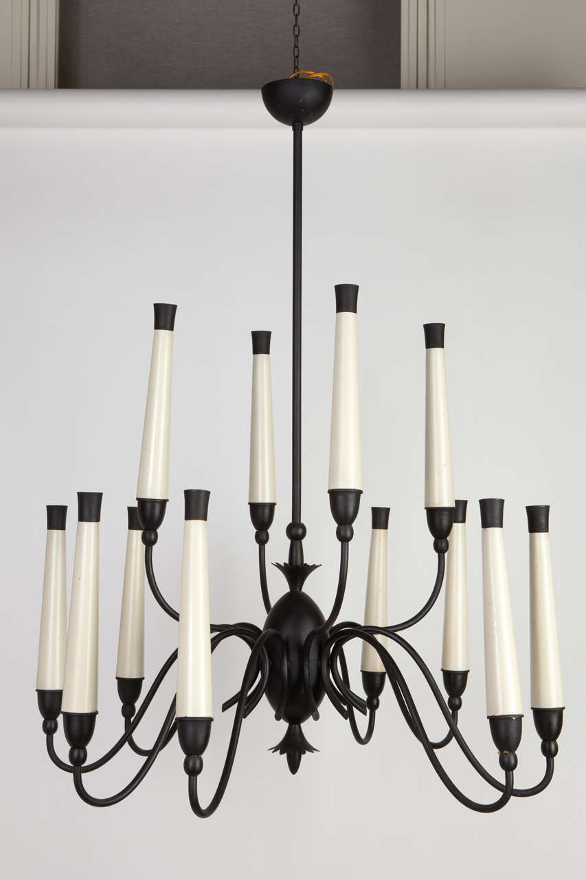 Black Metal and White Wood Italian Chandelier, 1950