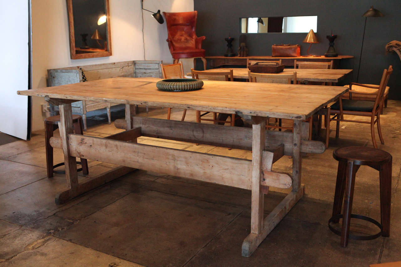 Primitive Swedish 'Kitchen Island' Double Stretcher Work Table, 18th Century In Good Condition In Los Angeles, CA