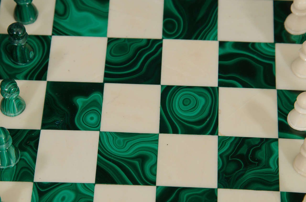 Midcentury Malachite and Marble Chess Set Game Board and Pieces In Good Condition In New York, NY