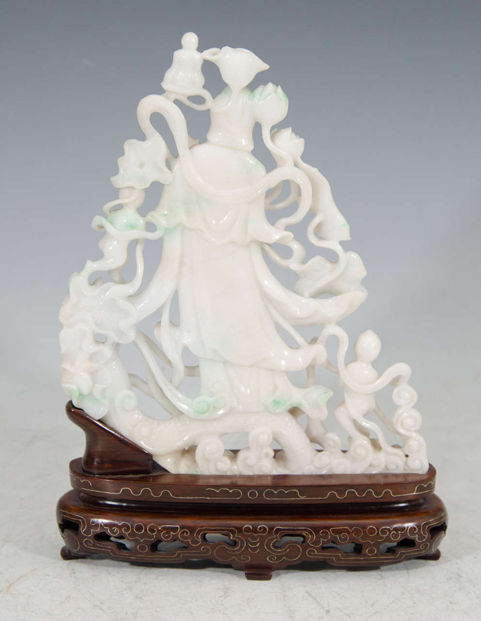 Chinese Jadeite Sculpture of Guanyin with Golden Boy and Golden Girl 3