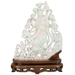 Chinese Jadeite Sculpture of Guanyin with Golden Boy and Golden Girl