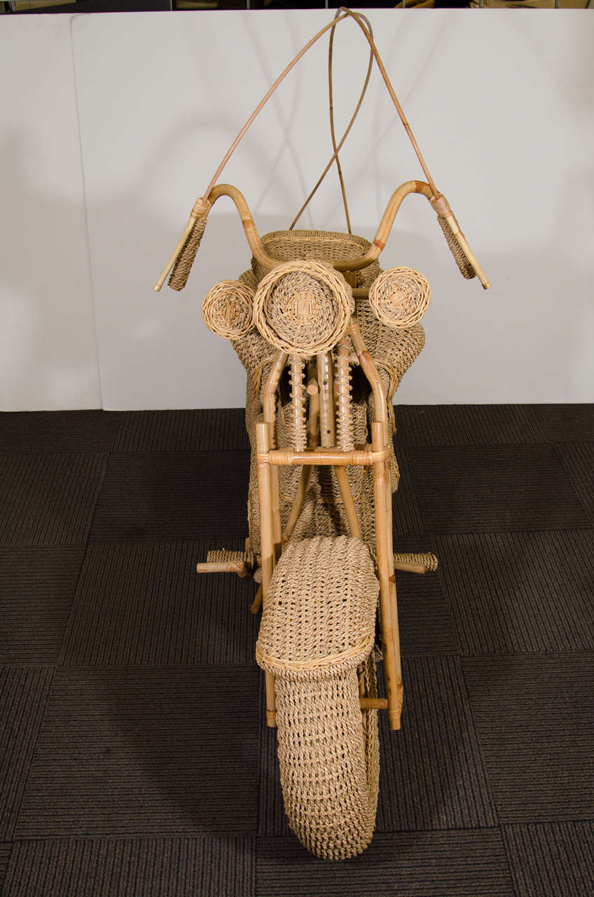 Midcentury Wicker and Bamboo Full-Size Replica of a Harley Davidson Motorcycle In Good Condition In New York, NY