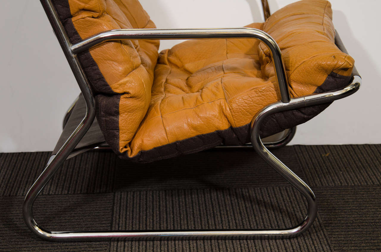 Danish Modern Set of Two Tubular Chrome and Leather Lounge Chairs For Sale 2