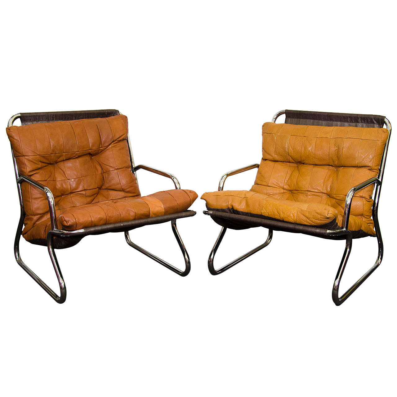 Danish Modern Set of Two Tubular Chrome and Leather Lounge Chairs For Sale