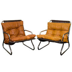 Danish Modern Set of Two Tubular Chrome and Leather Lounge Chairs