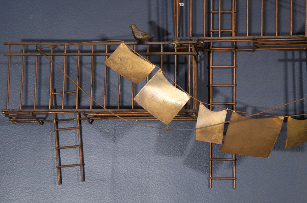 American Amazing Monumental Curtis Jere New York City Fire Escape Scene Wall Sculpture For Sale