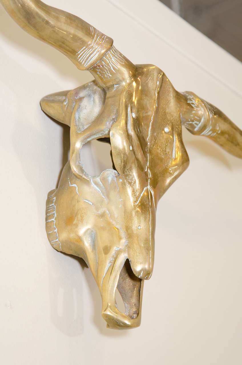 Midcentury Cast Brass Longhorn Steer Head Wall Sculpture 1