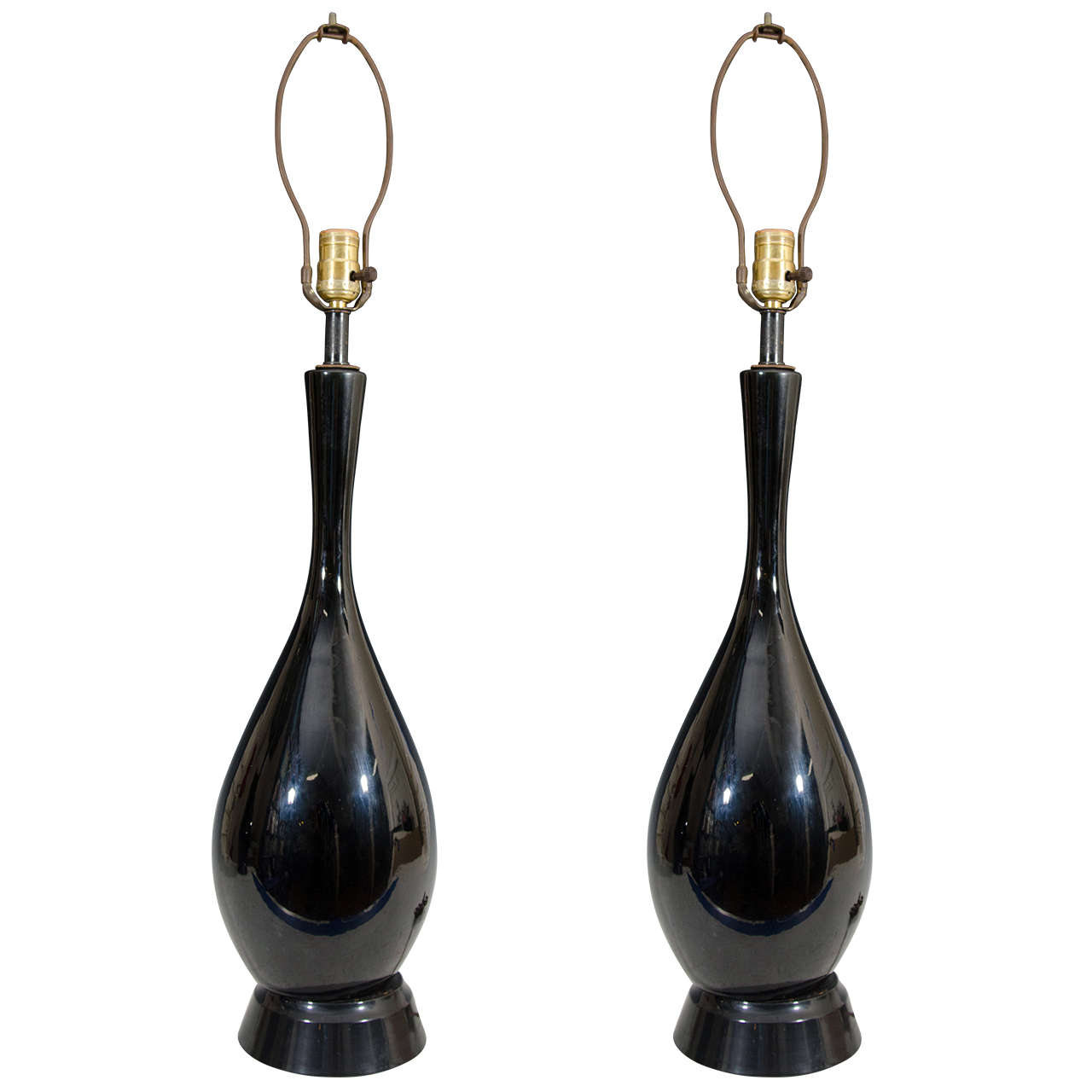 Vintage Pair of Black Ceramic Table Lamps with Elongated Necks