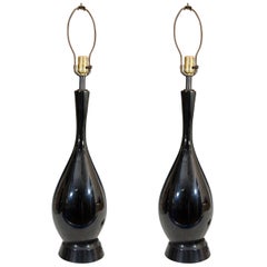 Vintage Pair of Black Ceramic Table Lamps with Elongated Necks
