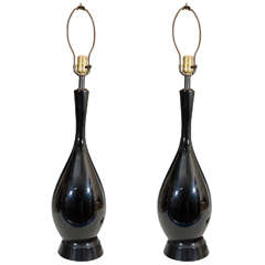 Vintage Pair of Black Ceramic Table Lamps with Elongated Necks 11