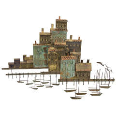 Mid-Century Curtis Jere Copper Wall Sculpture of a Seaside Village