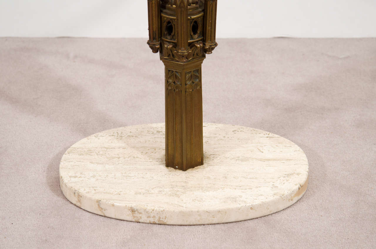 Italian Gothic Brass Glass Travertine Marble Drinks, Side or End Tables, Pair For Sale 8