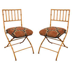 Midcentury Pair of French Iron Faux Bamboo Folding Chairs