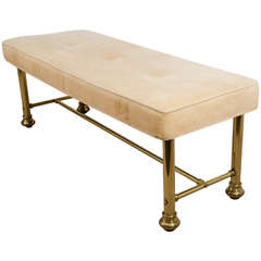 Midcentury Brass Bench with Light Caramel Upholstery