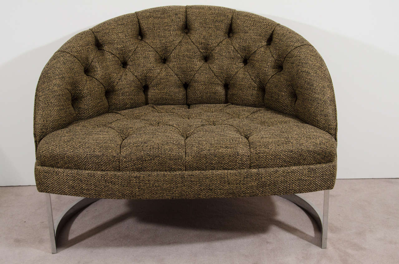 Great and Rare pair of over sized barrel back lounge chairs with High End Tweed button tufted upholstery and Flat Band Aluminum legs by Milo Baughman.